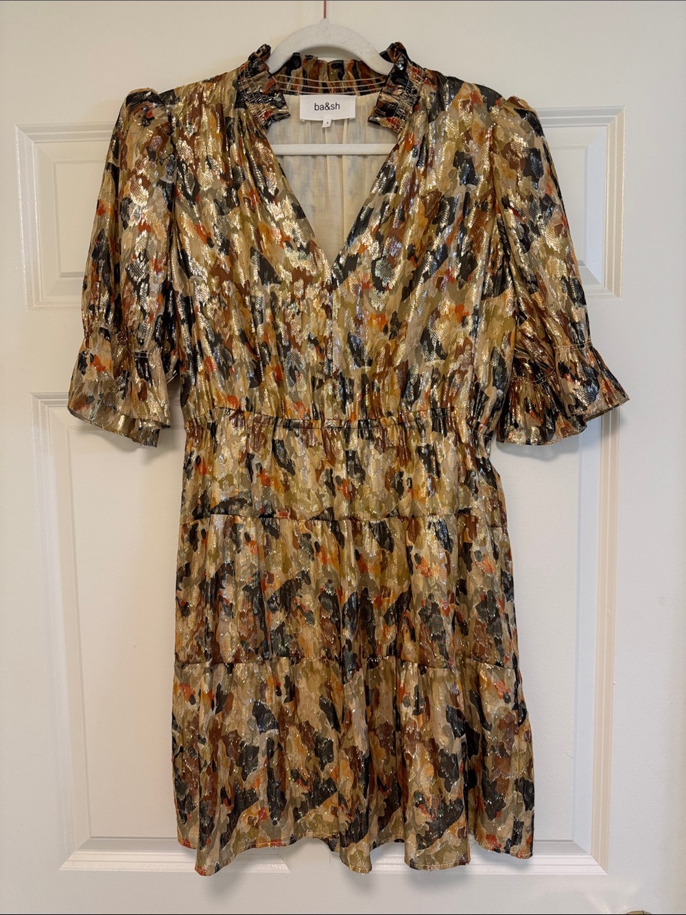 ba&sh Gold Multicolor Printed Tiered Short Dress